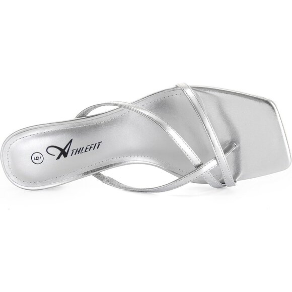 Athlefit Women's Silver Polyurethane Square Open Toe Kitten Heels Thong Sandals - Picture 3 of 6
